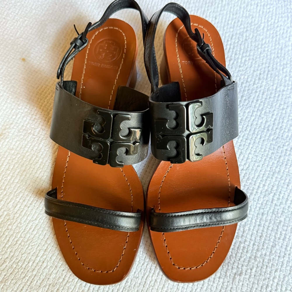 Tory Burch Black Lowell Napa Leather Block Heels Black Sz 7 Sandals. Excellent - Picture 1 of 14